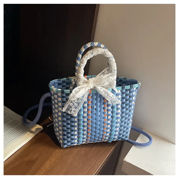Woven Crossbody Bag Blue White Women's Shoulder Bag