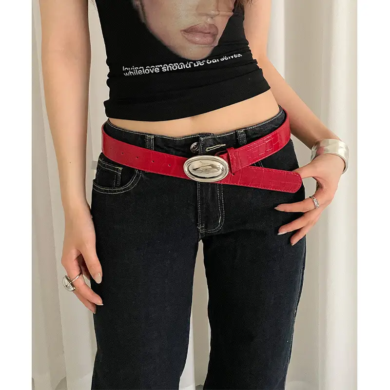 American Retro Red Belt for Women Croc Dress Jeans High-end Accessories - Image 7
