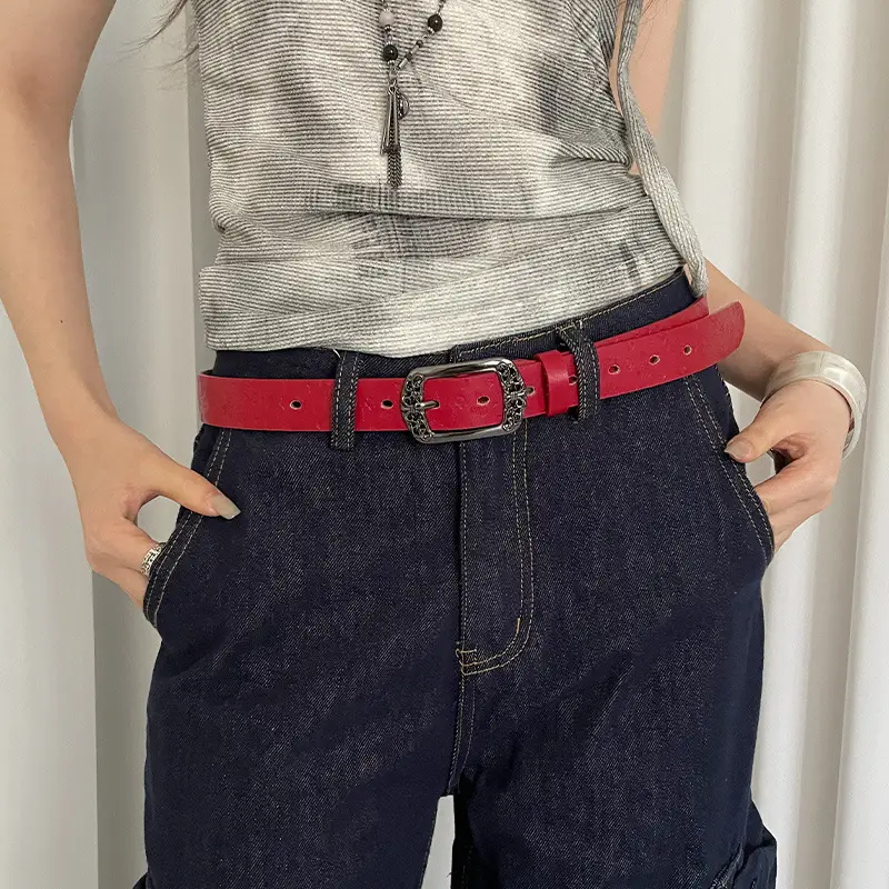 American Retro Red Belt for Women Croc Dress Jeans High-end Accessories - Image 4