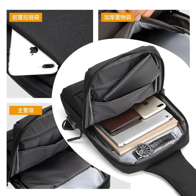 Men's Black Waterproof Cross-Border Logo Chest Bag
