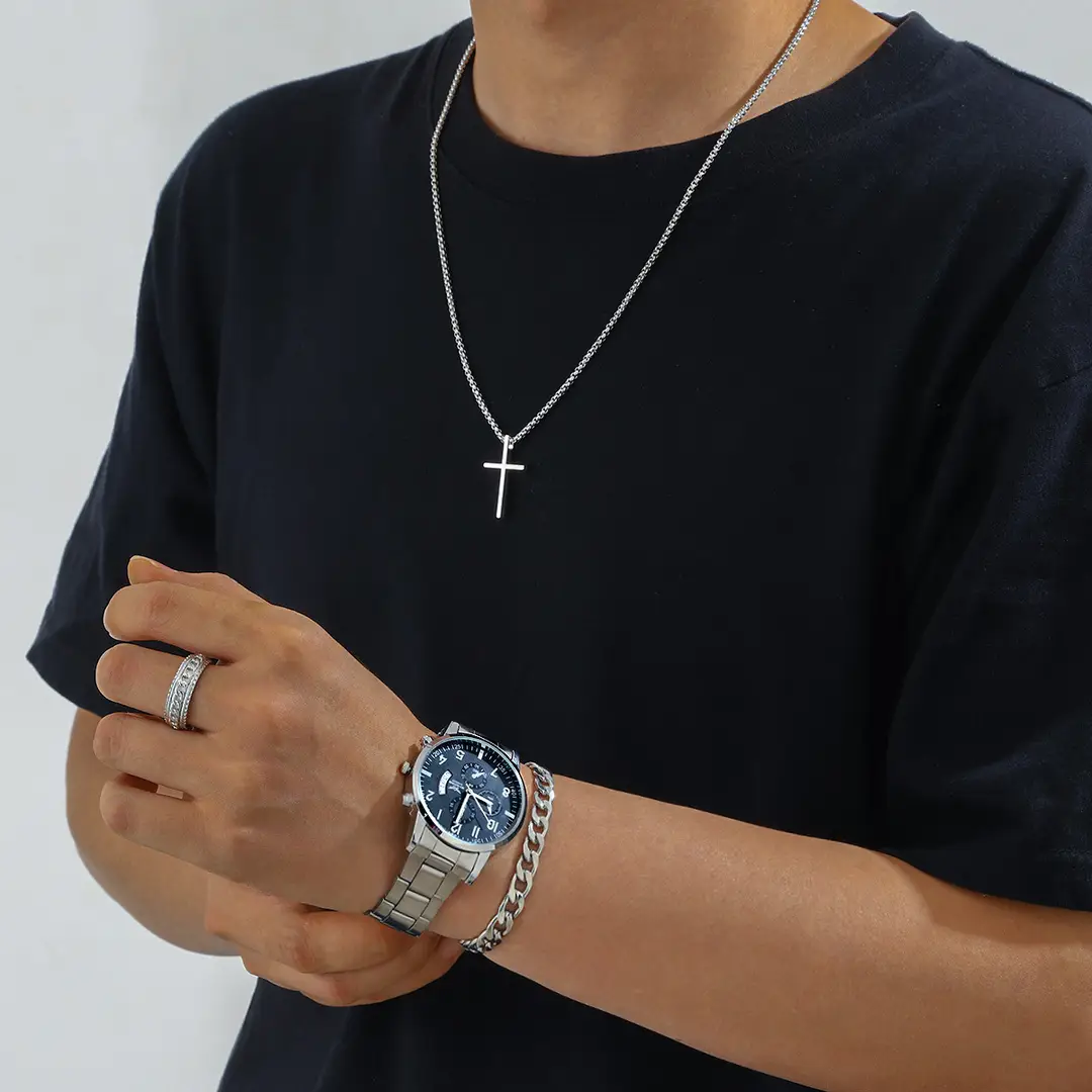 4Pcs/Set Men's Summer Silver Watch Bracelet Necklace Ring Gift Four-Piece Set Men's Jewelry Set