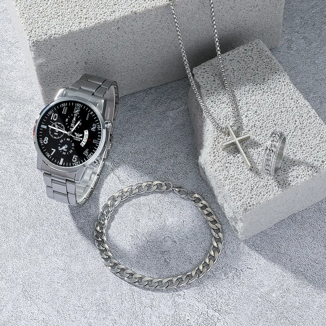 4Pcs/Set Men's Summer Silver Watch Bracelet Necklace Ring Gift Four-Piece Set Men's Jewelry Set