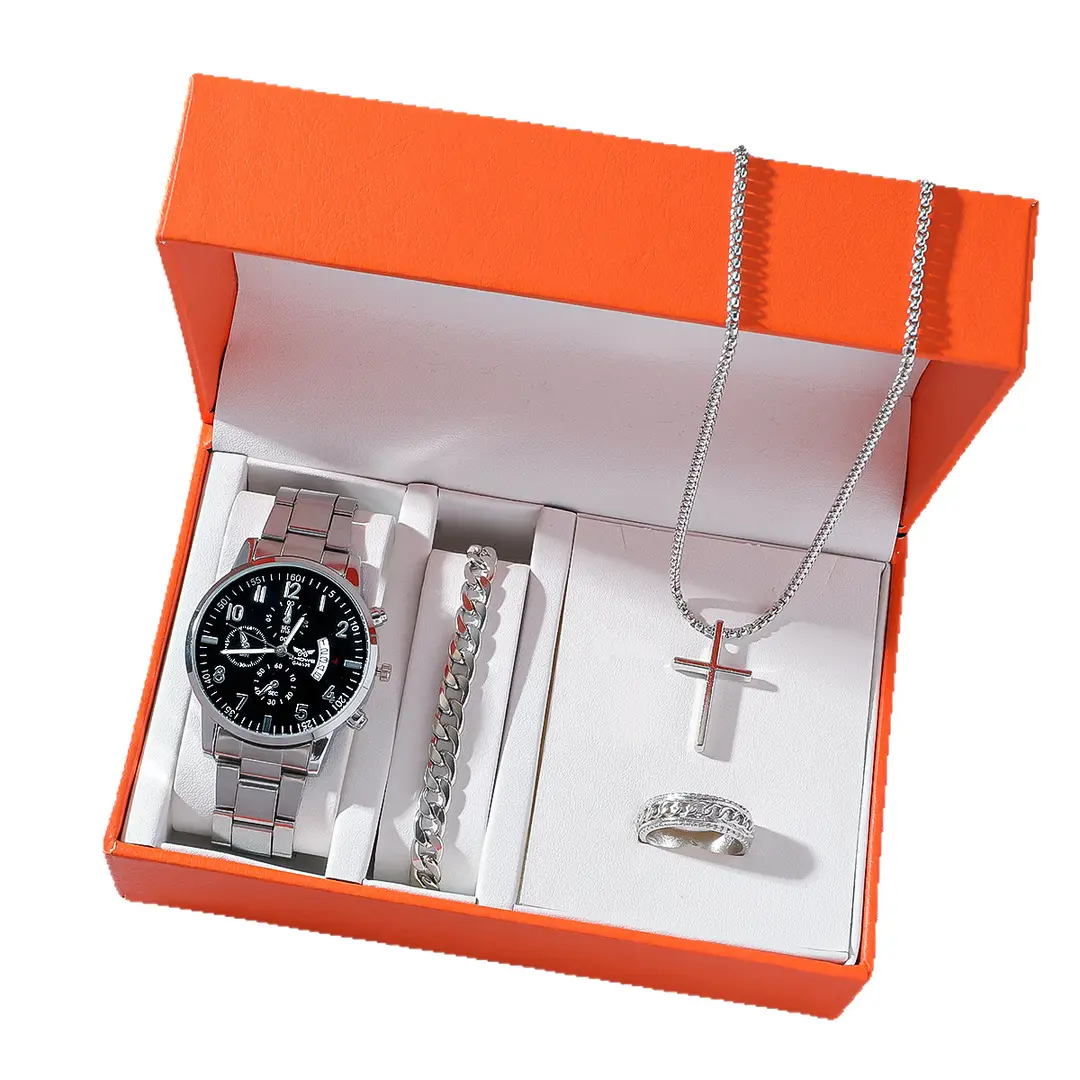 4Pcs/Set Men's Summer Silver Watch Bracelet Necklace Ring Gift Four-Piece Set Men's Jewelry Set