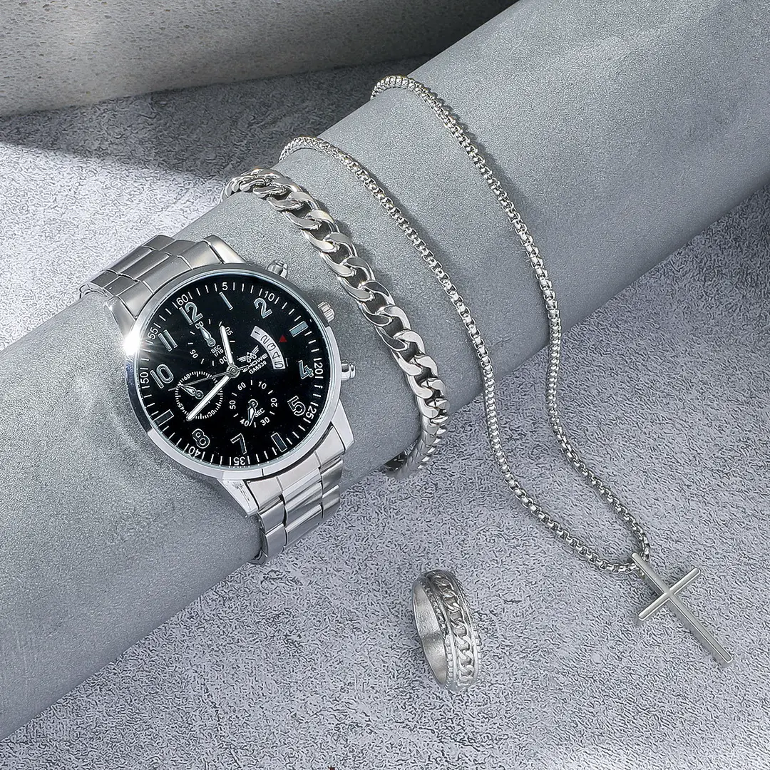 4Pcs/Set Men's Summer Silver Watch Bracelet Necklace Ring Gift Four-Piece Set Men's Jewelry Set — feature 6