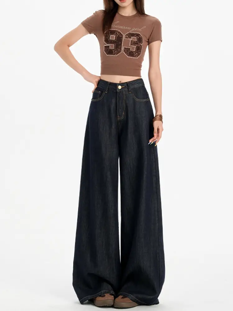 Dark Blue Tencel Wide Leg Jeans High Waist Summer
