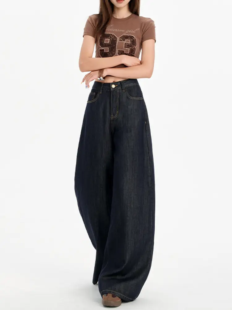Dark Blue Tencel Wide Leg Jeans High Waist Summer