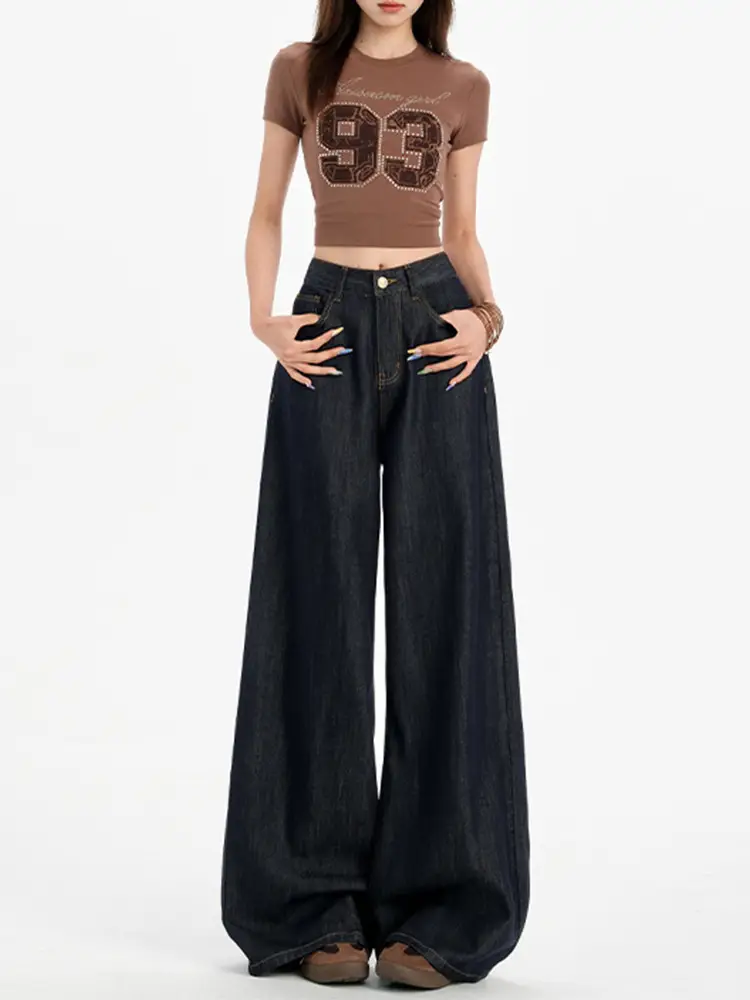 Dark Blue Tencel Wide Leg Jeans High Waist Summer