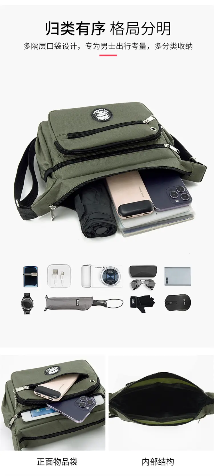 Men's Large Capacity Shoulder Bag Green — feature 12