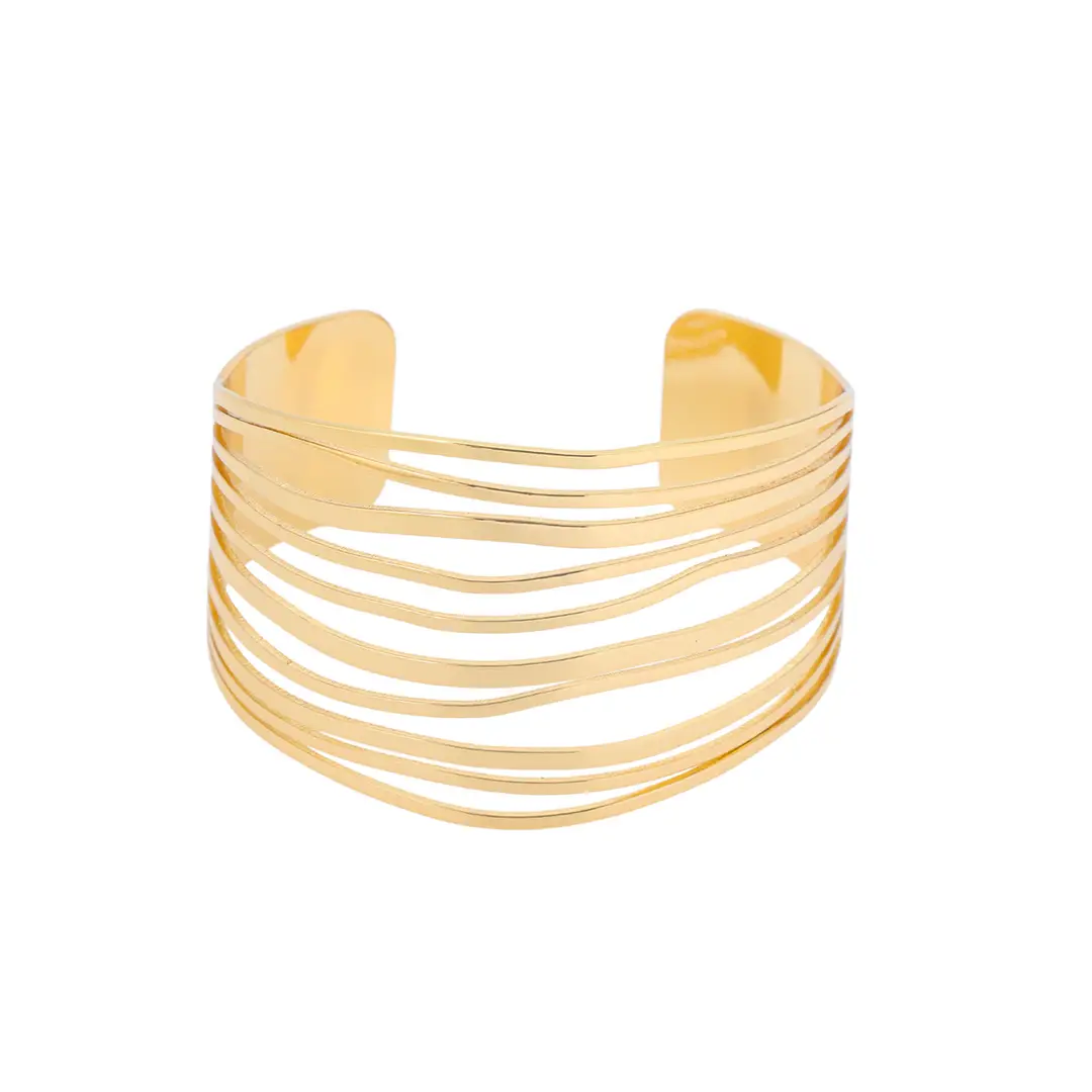 European and American Exaggerated Gold Wide-Brimmed Fashion Geometric Stripe Open Bracelet, High-End Glossy Surface Wristband Arm Band