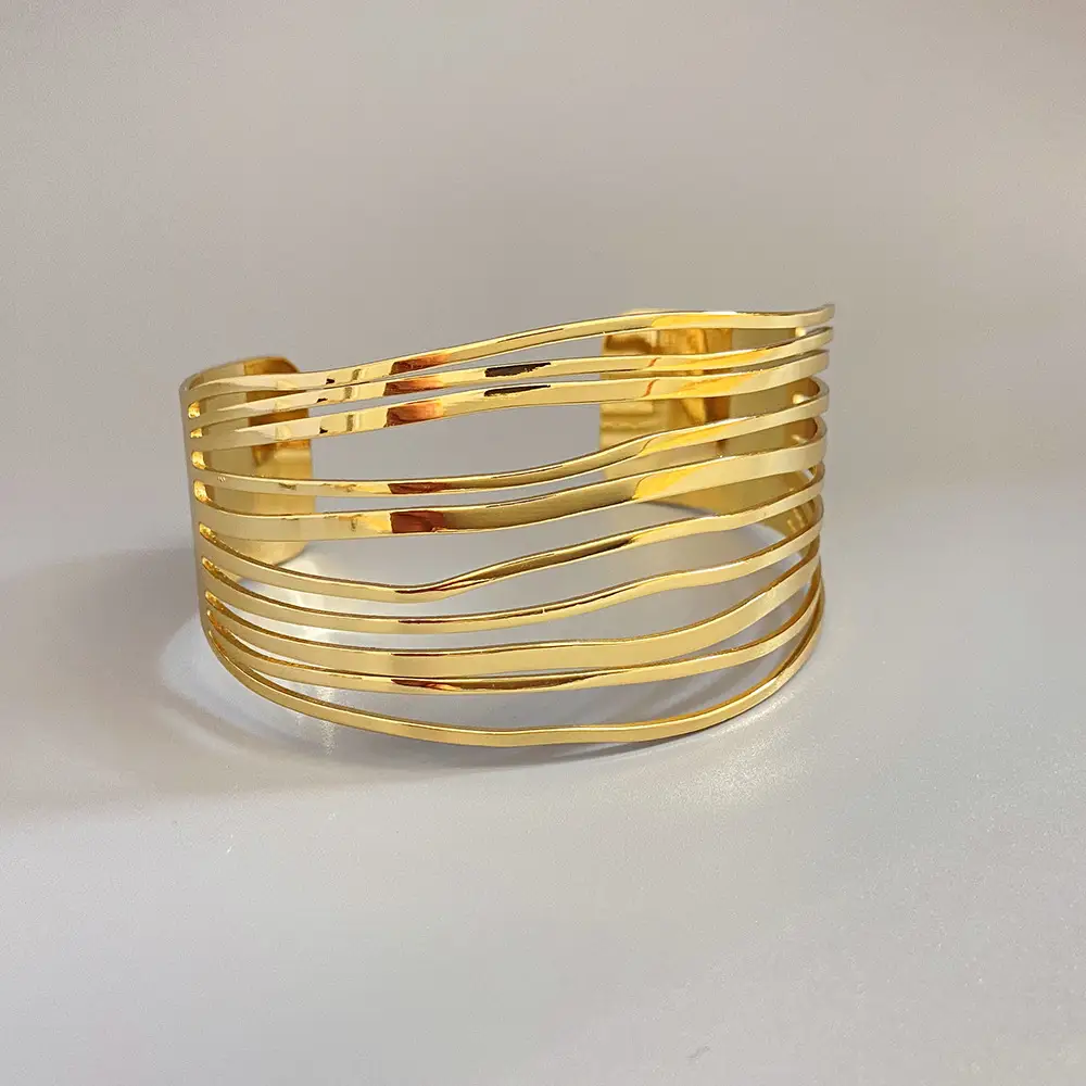 European and American Exaggerated Gold Wide-Brimmed Fashion Geometric Stripe Open Bracelet, High-End Glossy Surface Wristband Arm Band — feature 11