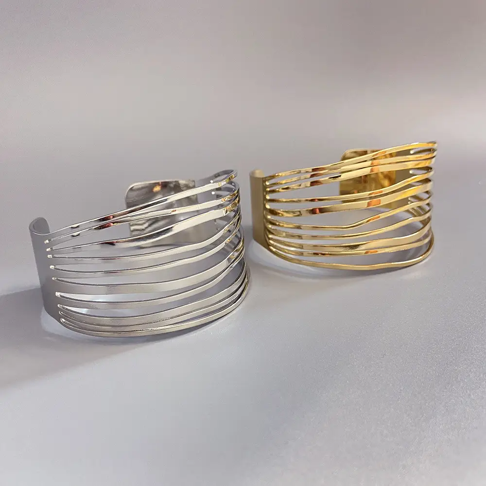 European and American Exaggerated Gold Wide-Brimmed Fashion Geometric Stripe Open Bracelet, High-End Glossy Surface Wristband Arm Band — feature 12
