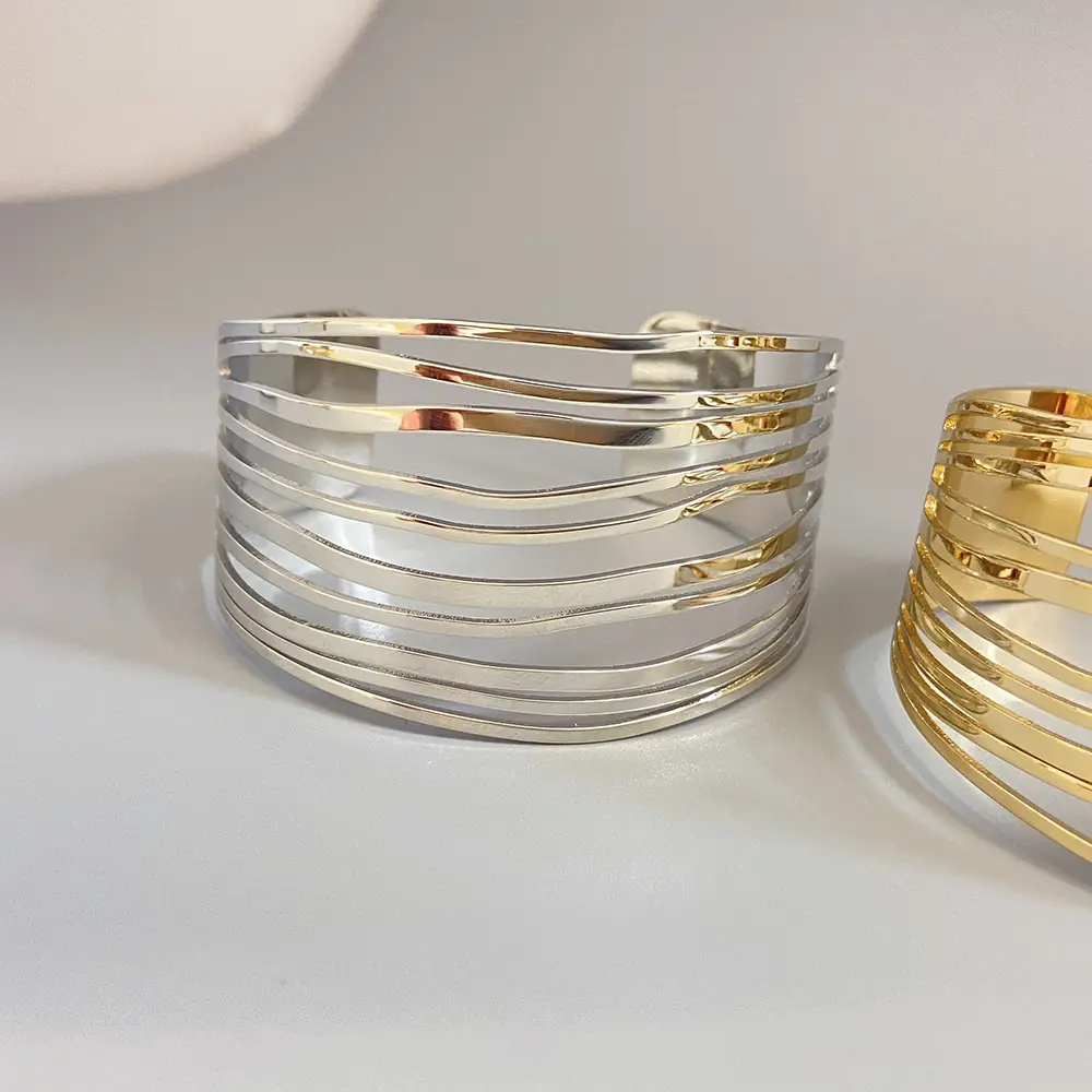 European and American Exaggerated Gold Wide-Brimmed Fashion Geometric Stripe Open Bracelet, High-End Glossy Surface Wristband Arm Band — feature 13