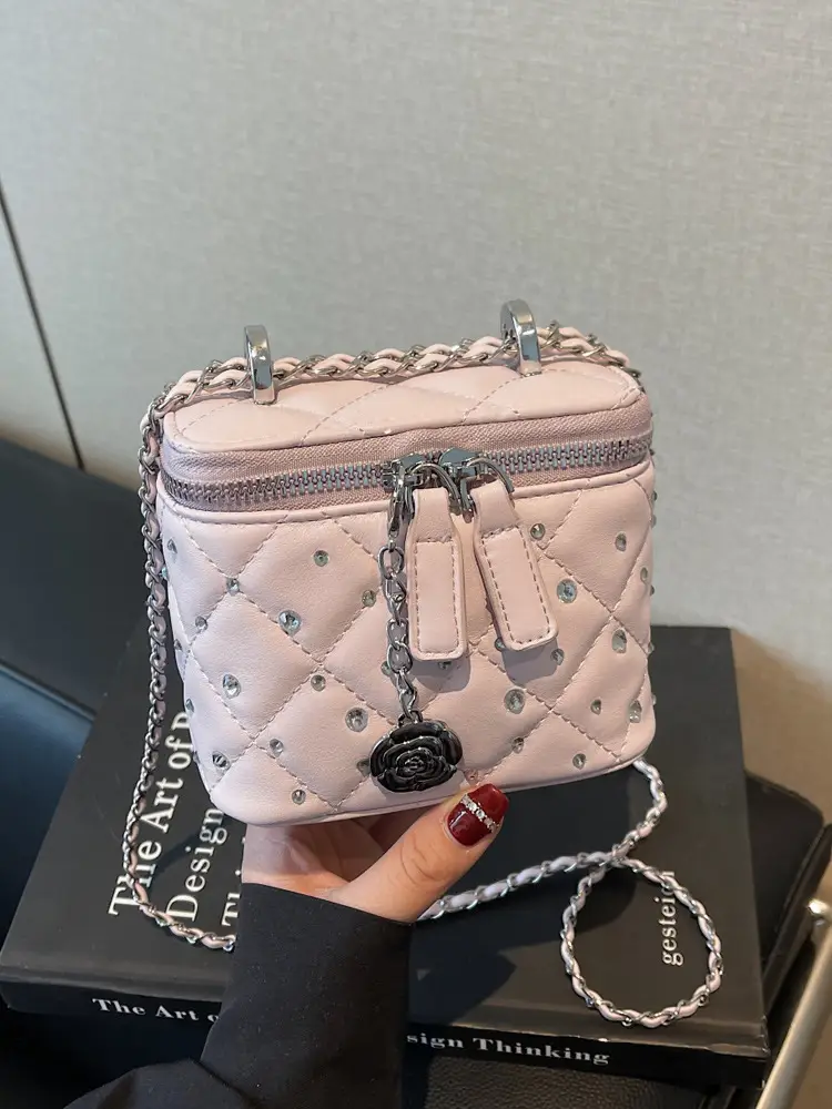 Diamond Studded French Mini Crossbody Bag Pink - Image 5