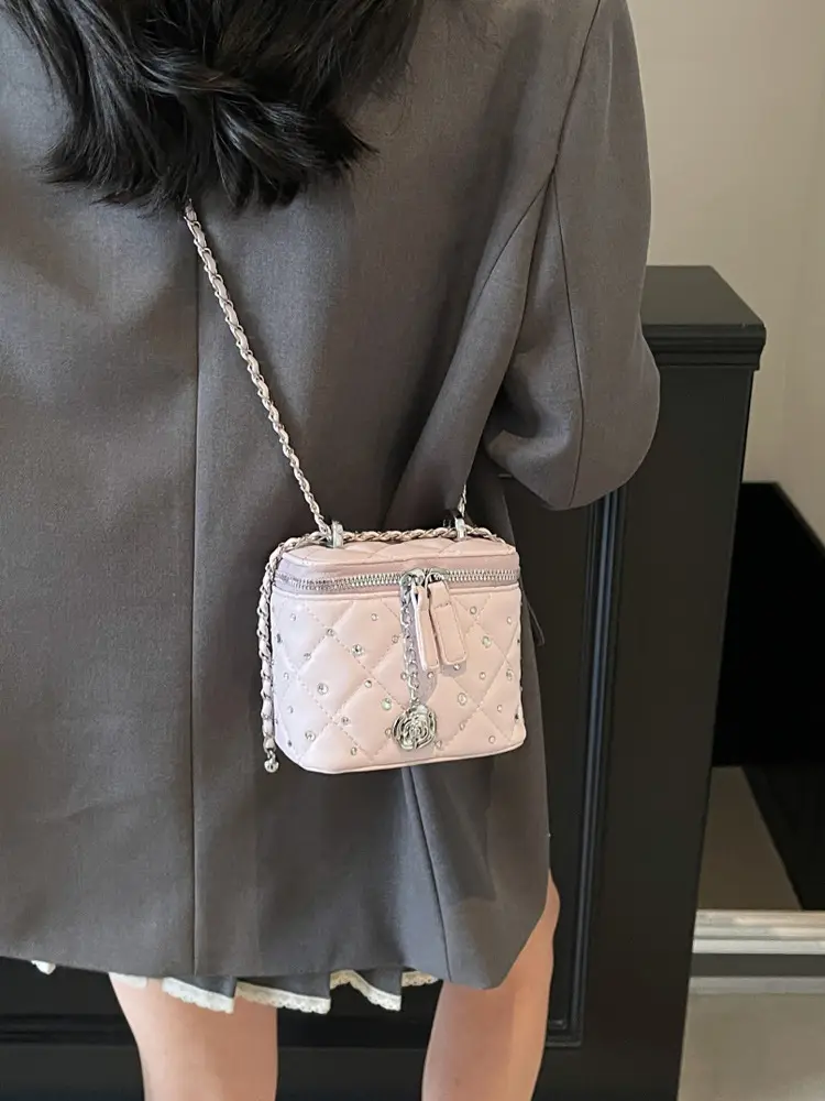 Diamond Studded French Mini Crossbody Bag Pink - Image 6