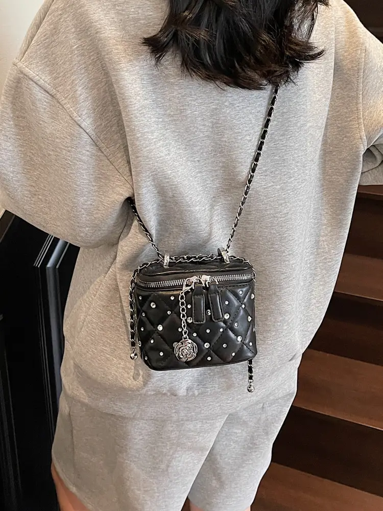 Diamond Studded French Mini Crossbody Bag Pink - Image 9