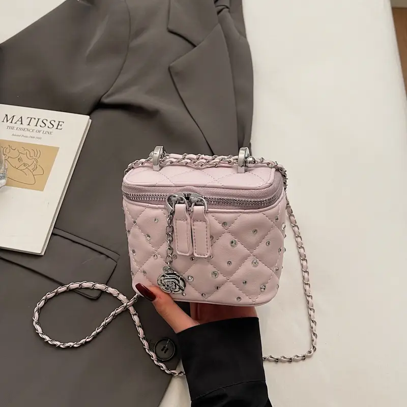 Diamond Studded French Mini Crossbody Bag Pink - Image 3