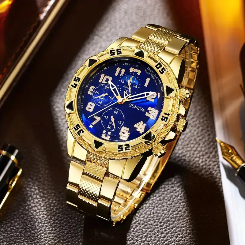 Men's Gold 3-Eye Dial Business Watch with Chain Strap - Image 5