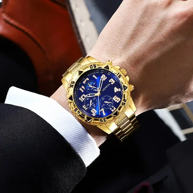 Men's Gold 3-Eye Dial Business Watch with Chain Strap - Image 6