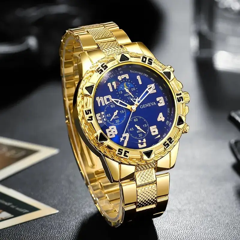Men's Gold 3-Eye Dial Business Watch with Chain Strap — feature 1