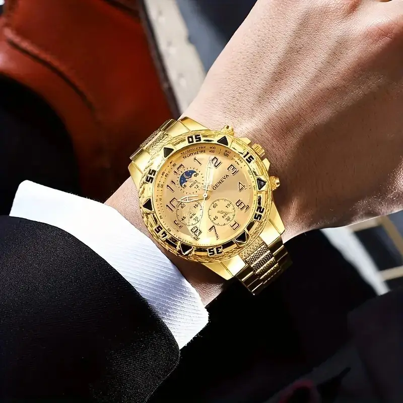 Men's Gold 3-Eye Dial Business Watch with Chain Strap — feature 4