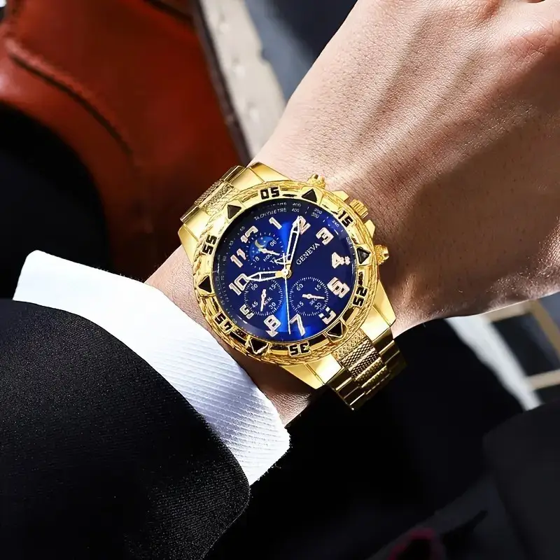 Men's Gold 3-Eye Dial Business Watch with Chain Strap - Image 2