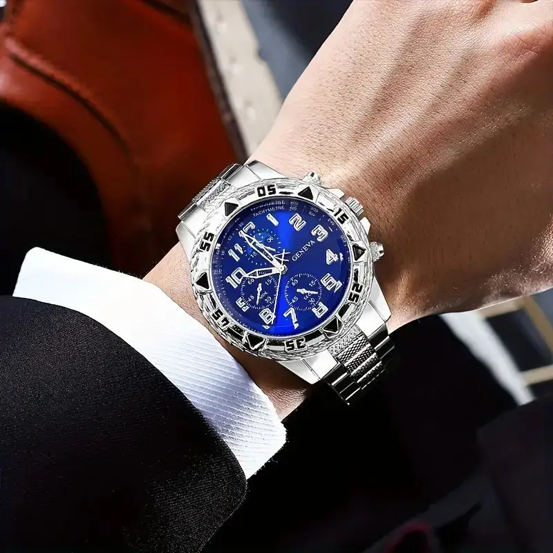 Men's Gold 3-Eye Dial Business Watch with Chain Strap - Image 3
