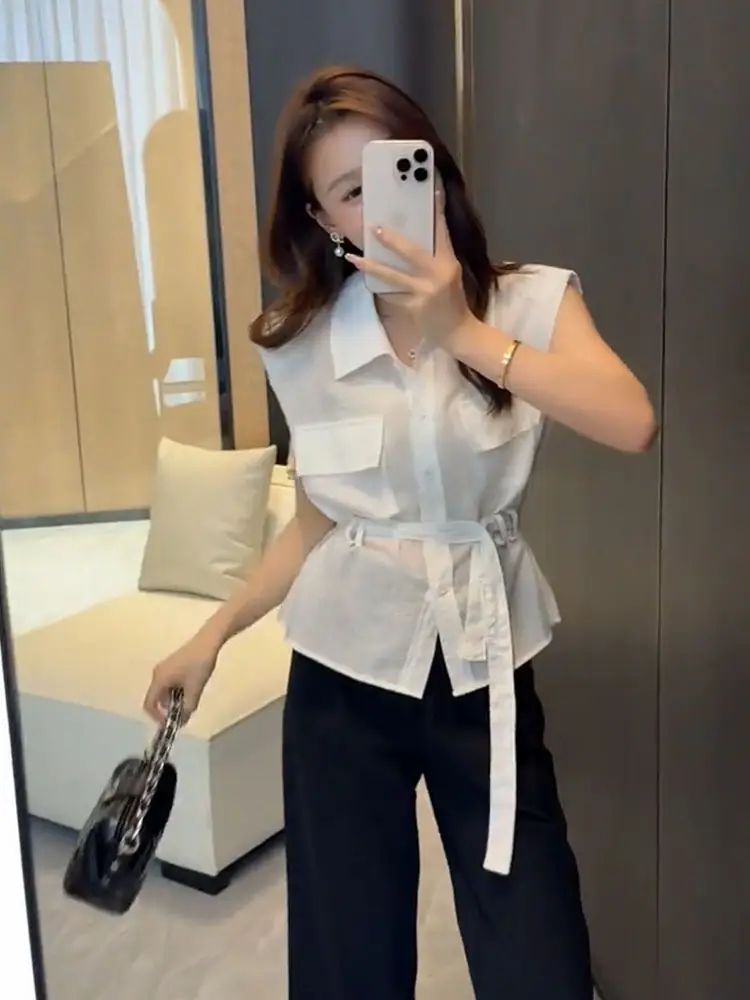 Black Belted Shirt with White Pants for Women - Image 7