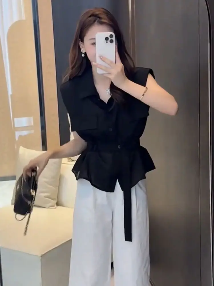Black Belted Shirt with White Pants for Women - Image 8
