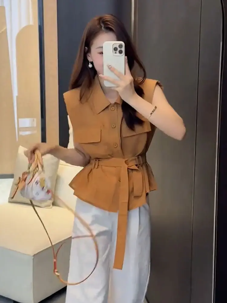 Black Belted Shirt with White Pants for Women — feature 1