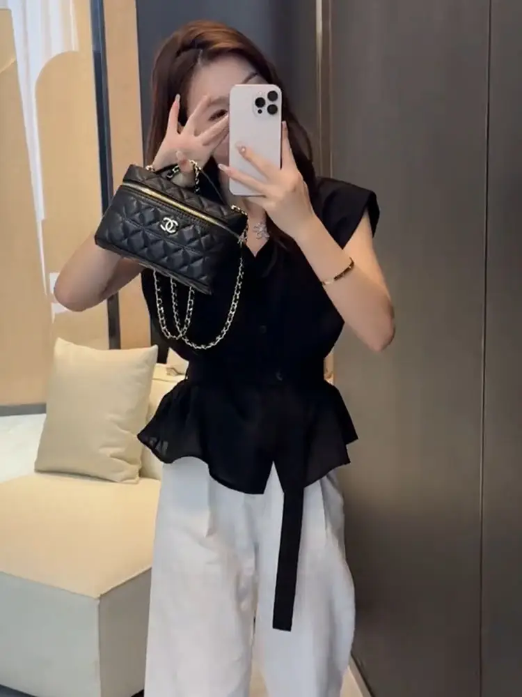 Black Belted Shirt with White Pants for Women — feature 17