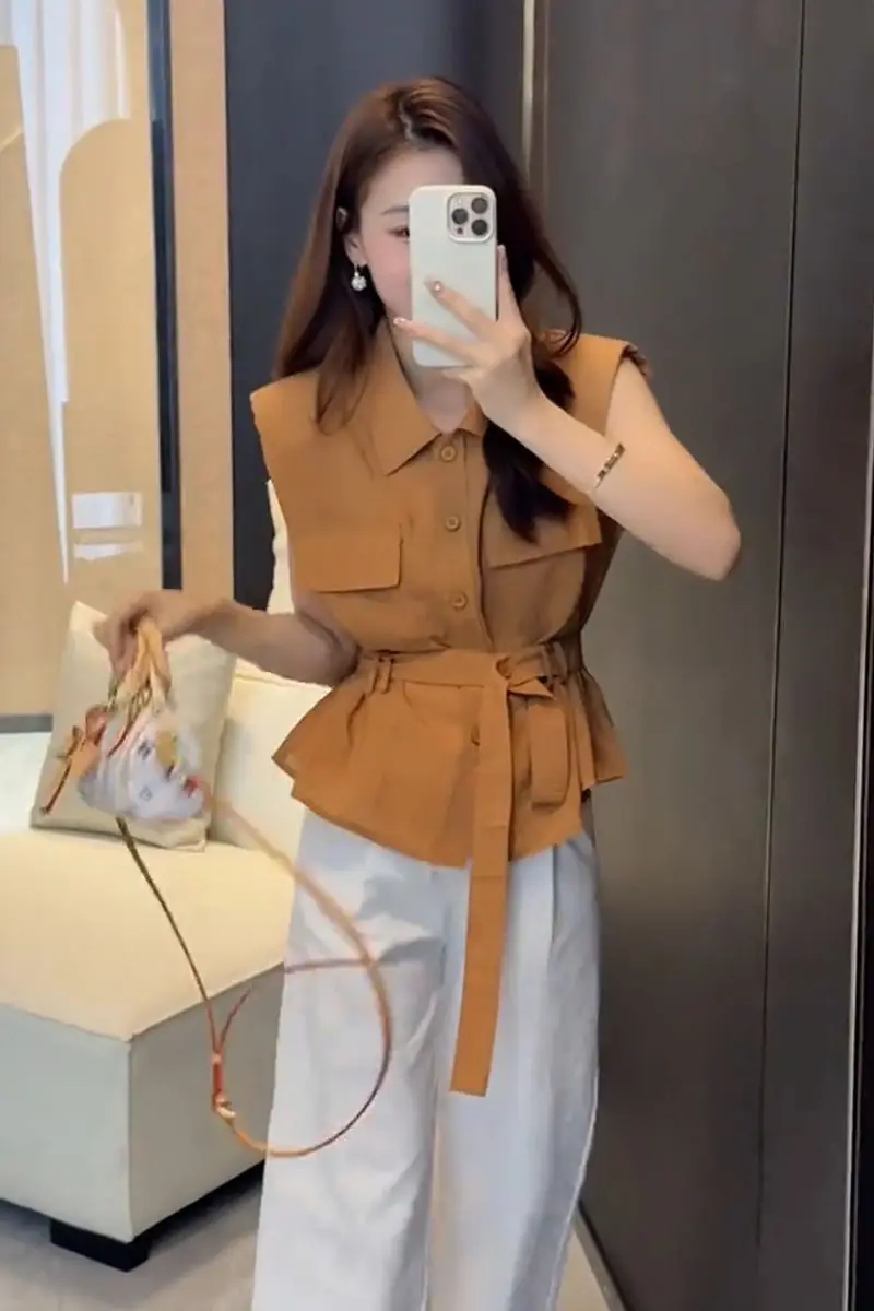 Black Belted Shirt with White Pants for Women — feature 6