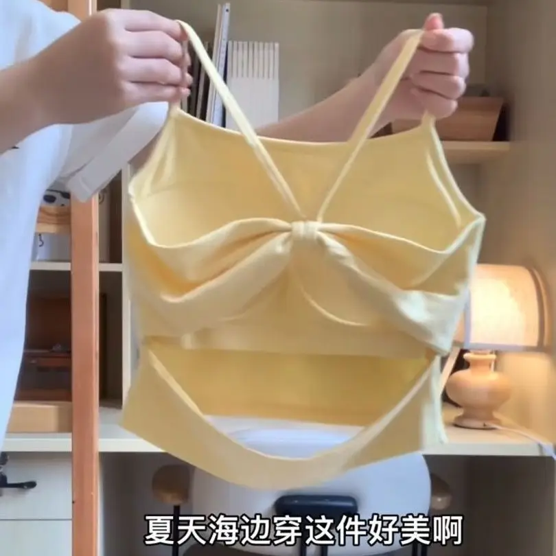 Pure Desire Hollow Backless Camisole for Women with Chest Pad, Hot Girl Yellow Outerwear Inner Layering Beauty Back Top for Women