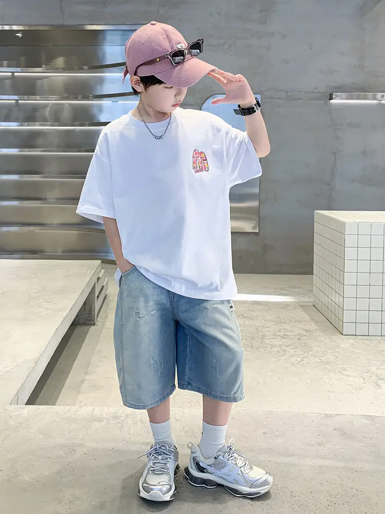 Summer Boys Tattoo Short Sleeve Denim Shorts Set