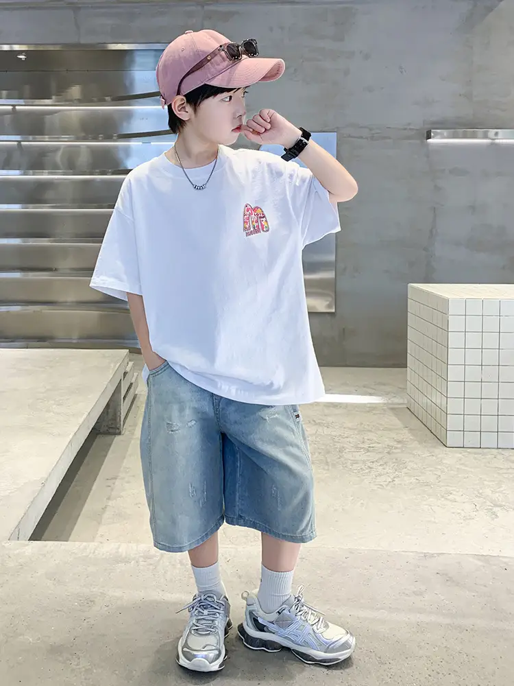 Summer Boys Tattoo Short Sleeve Denim Shorts Set