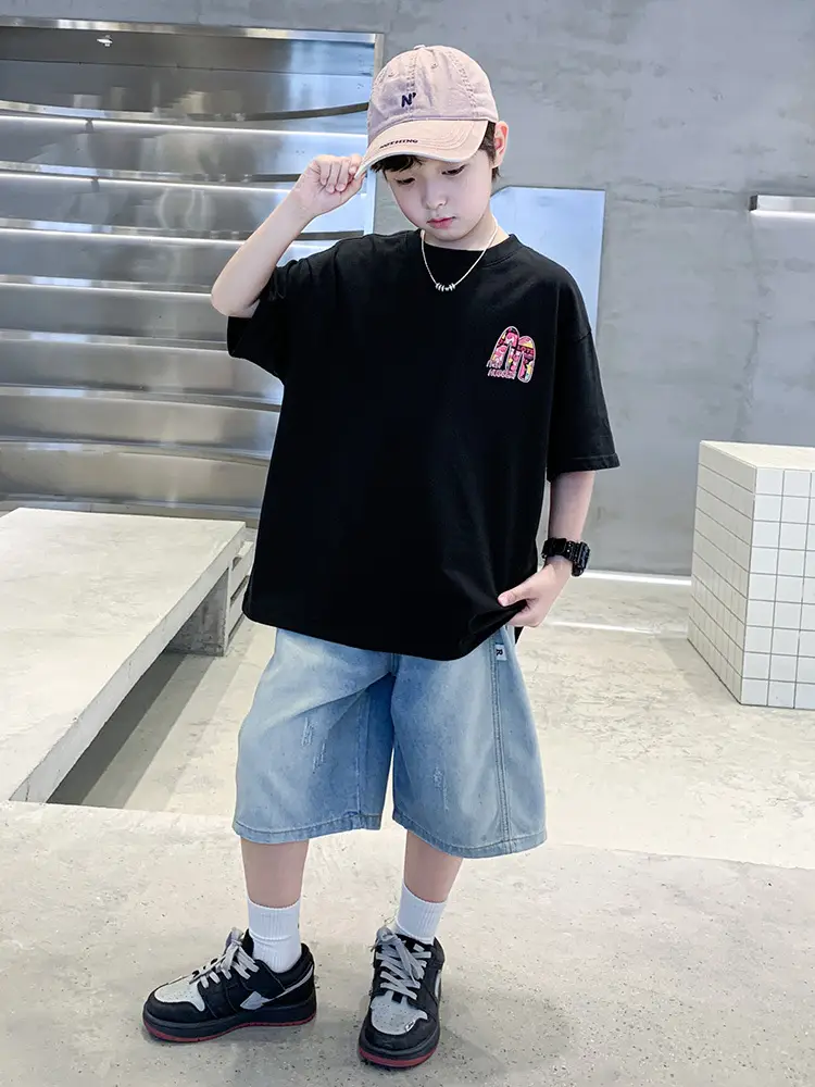 Summer Boys Tattoo Short Sleeve Denim Shorts Set