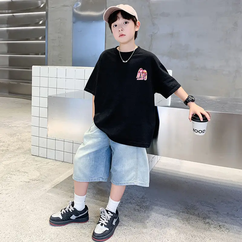 Summer Boys Tattoo Short Sleeve Denim Shorts Set — feature 1
