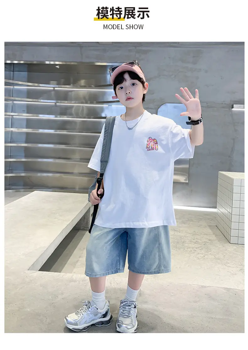 Summer Boys Tattoo Short Sleeve Denim Shorts Set — feature 14