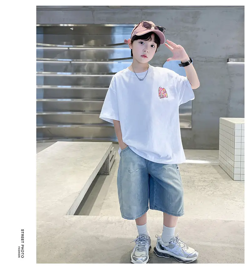 Summer Boys Tattoo Short Sleeve Denim Shorts Set — feature 16