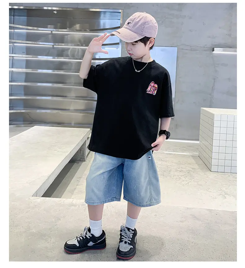 Summer Boys Tattoo Short Sleeve Denim Shorts Set — feature 21