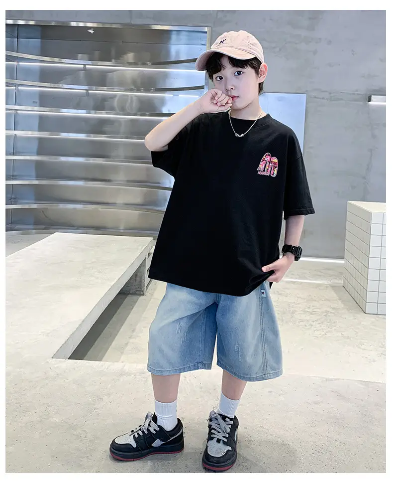 Summer Boys Tattoo Short Sleeve Denim Shorts Set — feature 22