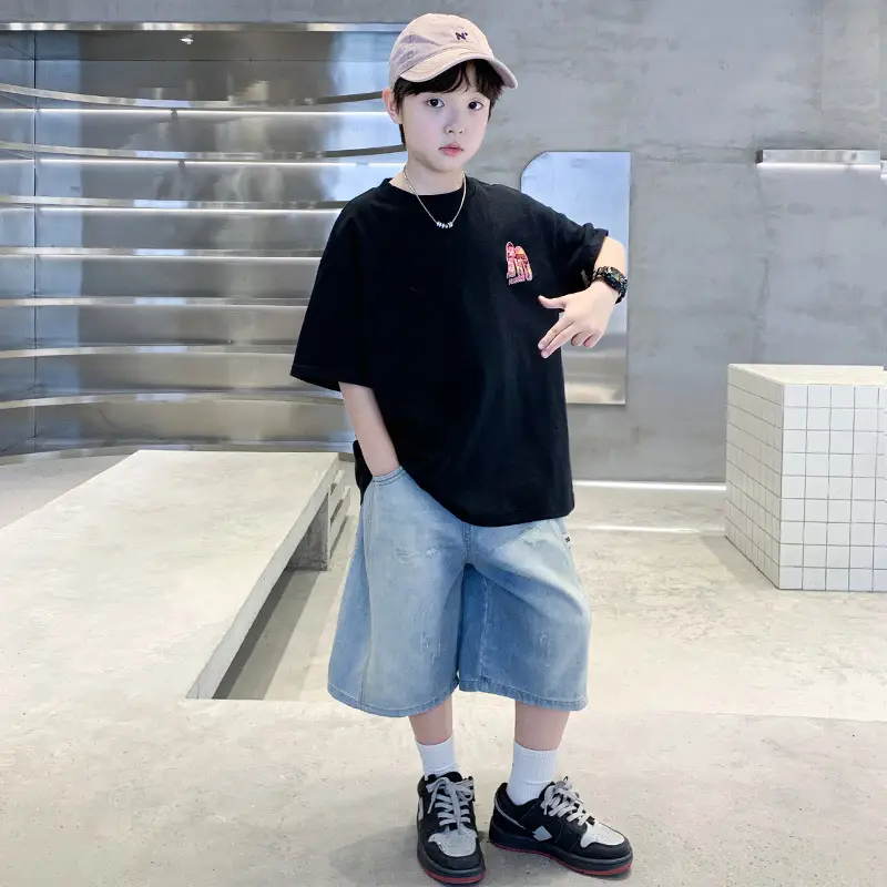 Summer Boys Tattoo Short Sleeve Denim Shorts Set — feature 3