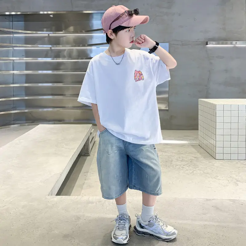Summer Boys Tattoo Short Sleeve Denim Shorts Set — feature 4
