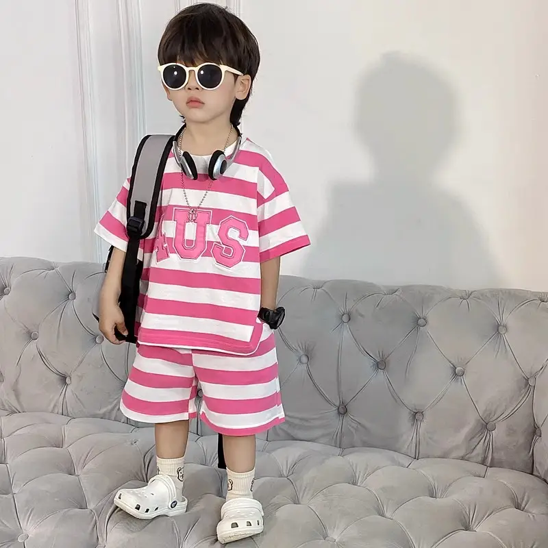 Boys Korean Striped Summer Suit Pink 4US - Image 4