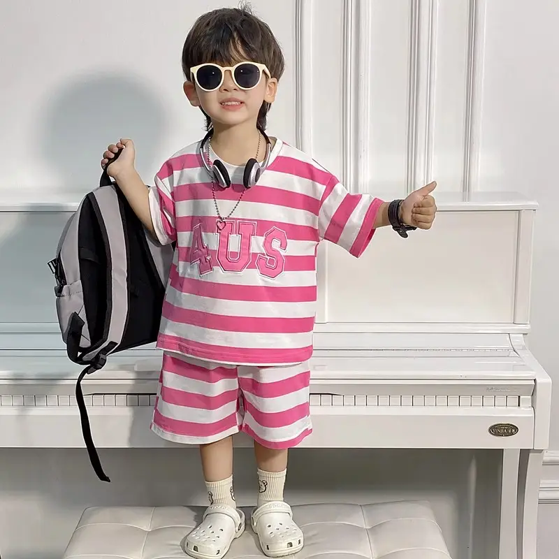 Boys Korean Striped Summer Suit Pink 4US - Image 5