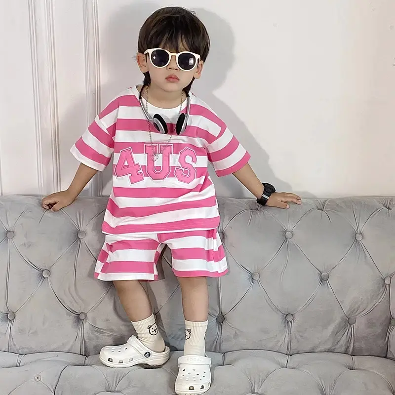 Boys Korean Striped Summer Suit Pink 4US - Image 6