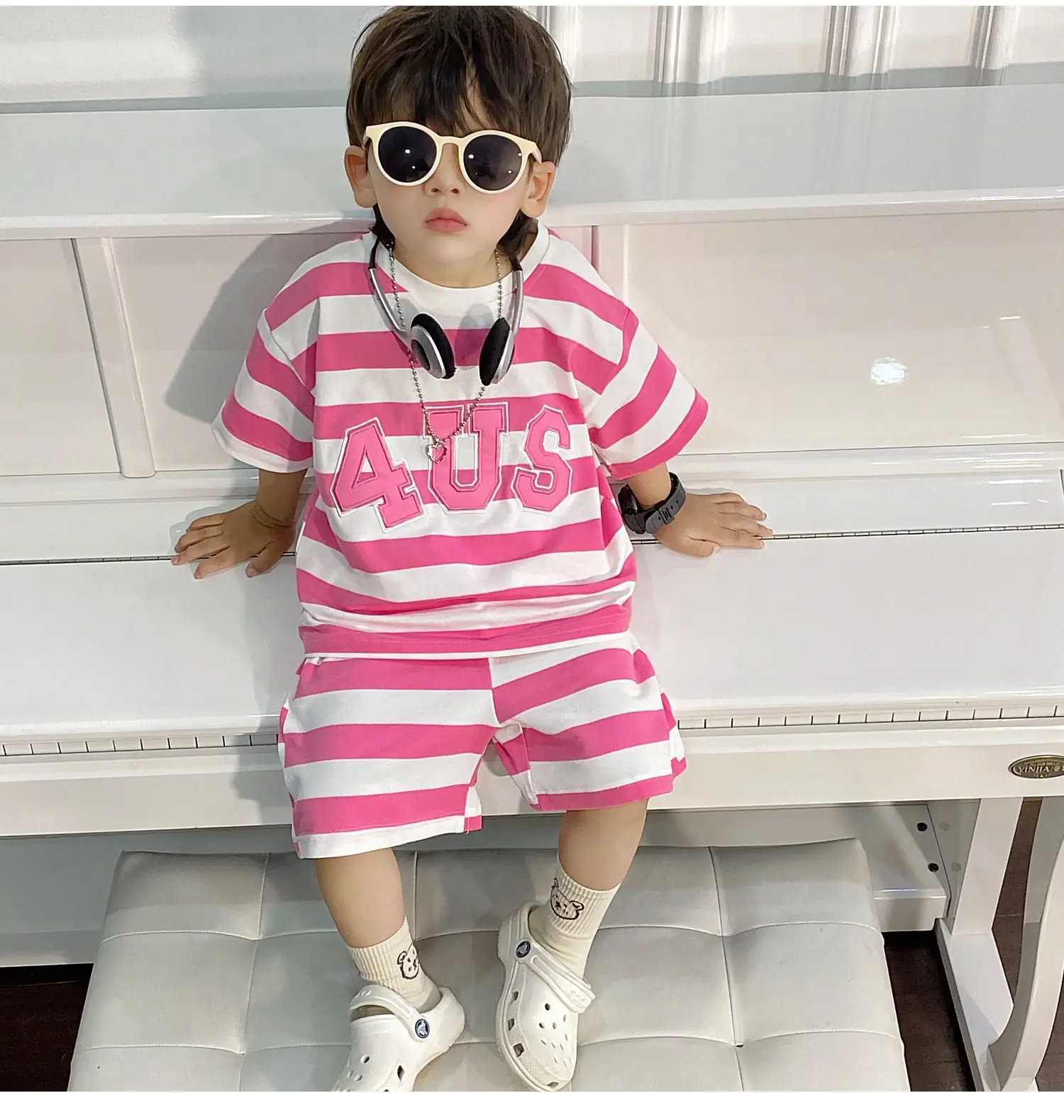 Boys Korean Striped Summer Suit Pink 4US — feature 12