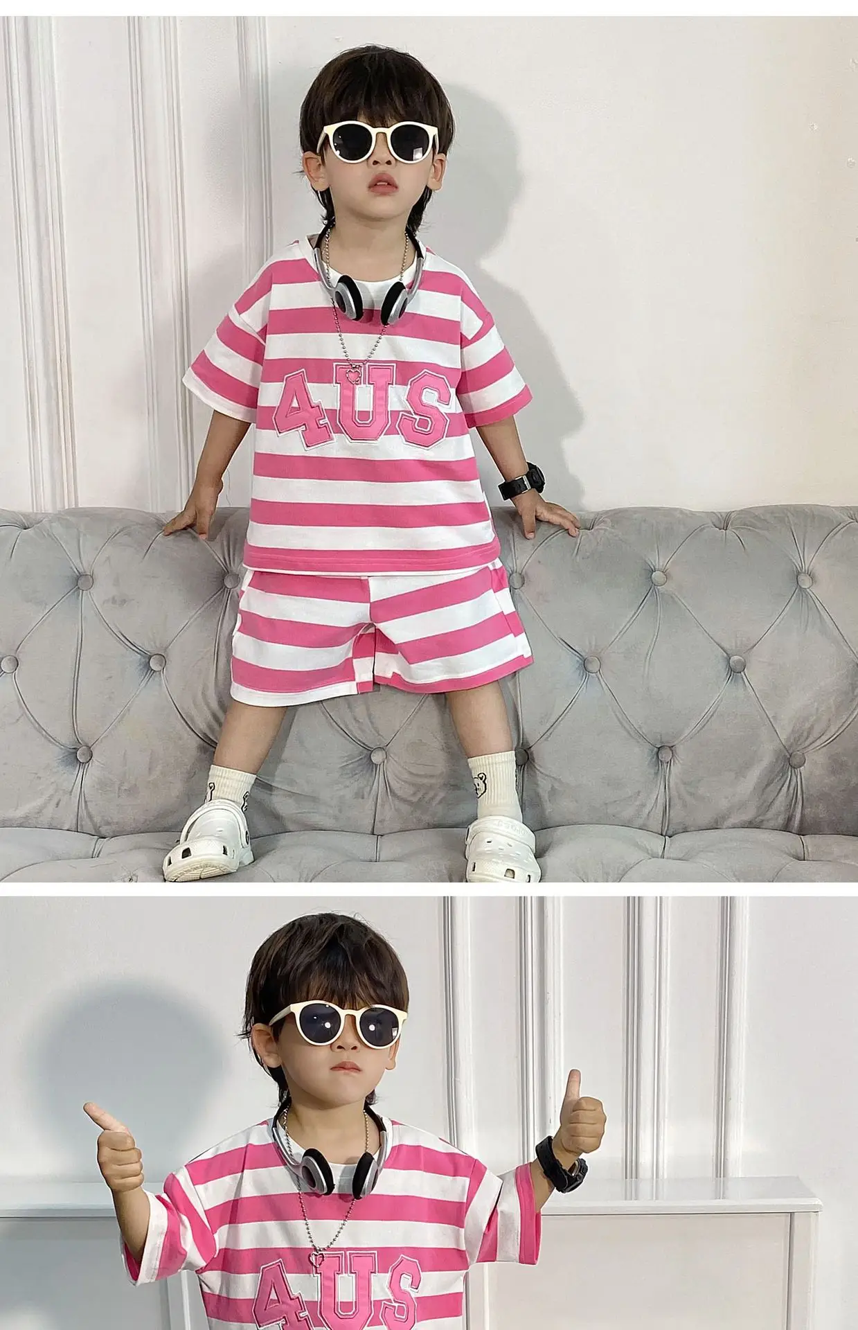 Boys Korean Striped Summer Suit Pink 4US — feature 13