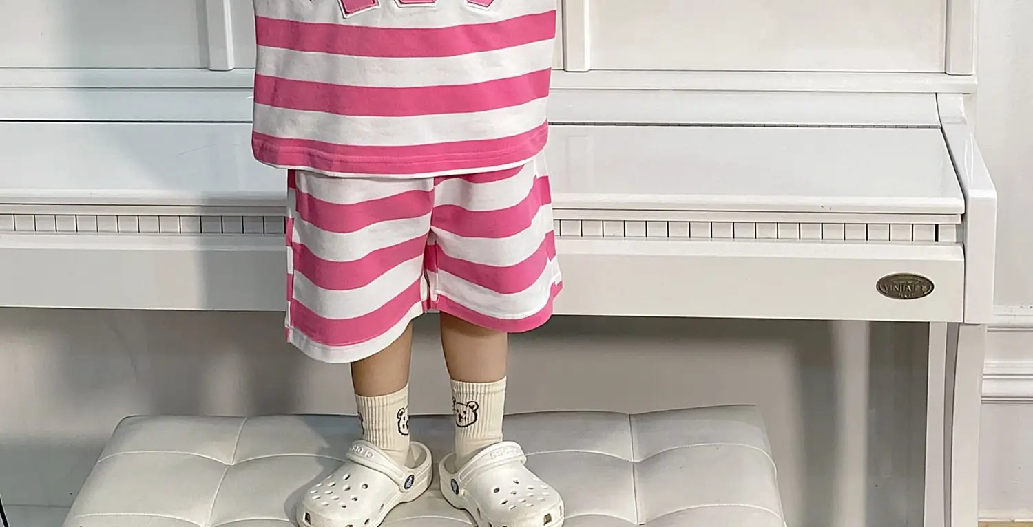 Boys Korean Striped Summer Suit Pink 4US — feature 14