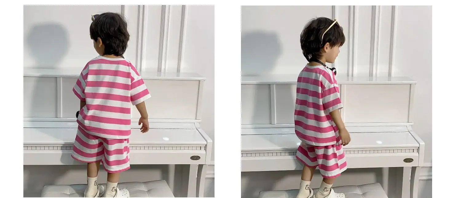 Boys Korean Striped Summer Suit Pink 4US — feature 16