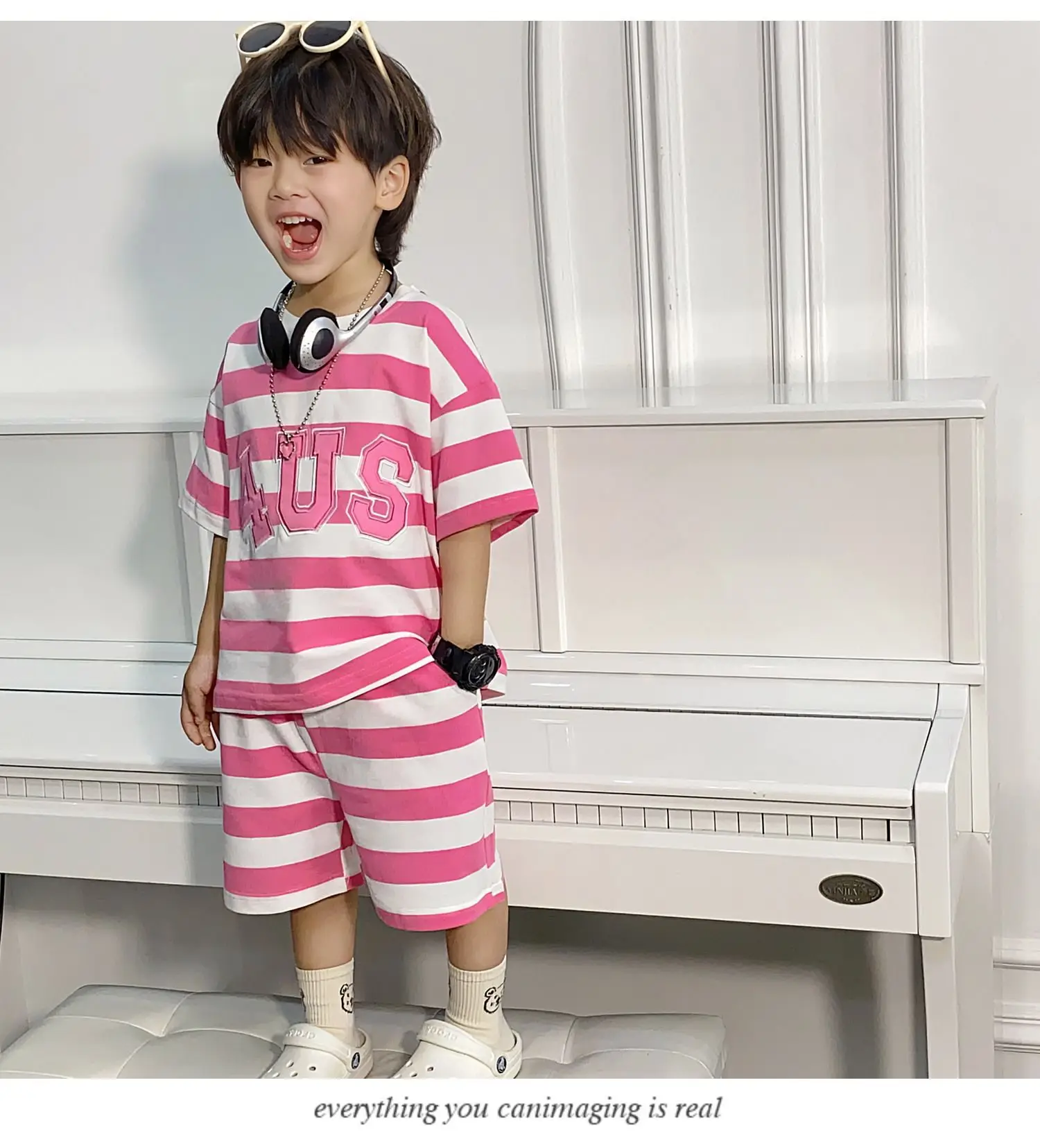 Boys Korean Striped Summer Suit Pink 4US — feature 17